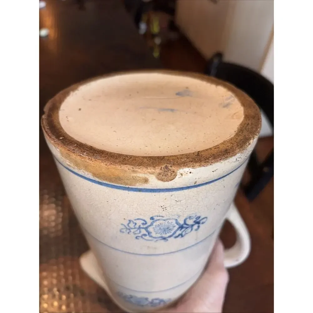 Antique Blue White Stoneware Pitcher Hull Band Stripe Flower Medallion Design